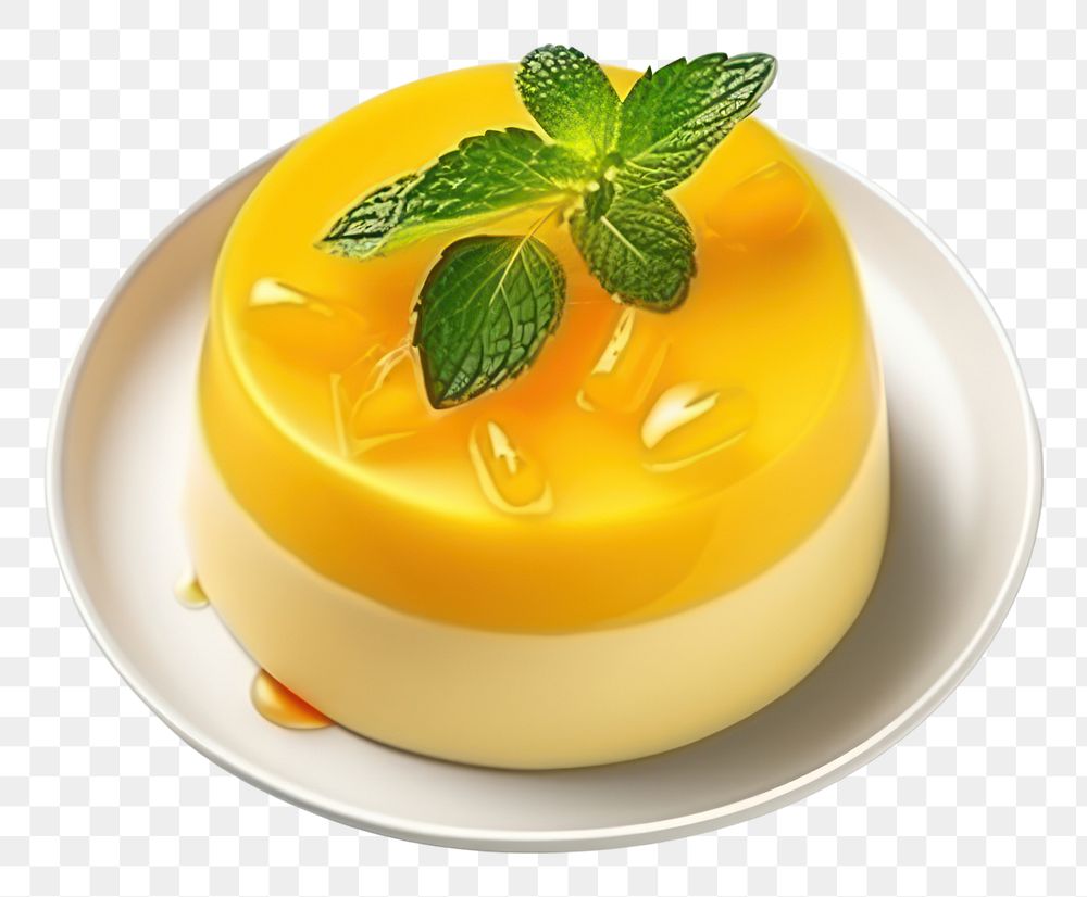 PNG Mango Panna cotta with mango jelly and mint dessert plate food.