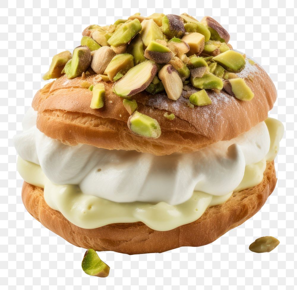 PNG Choux cake with pistachio cream and nuts dessert food white background.