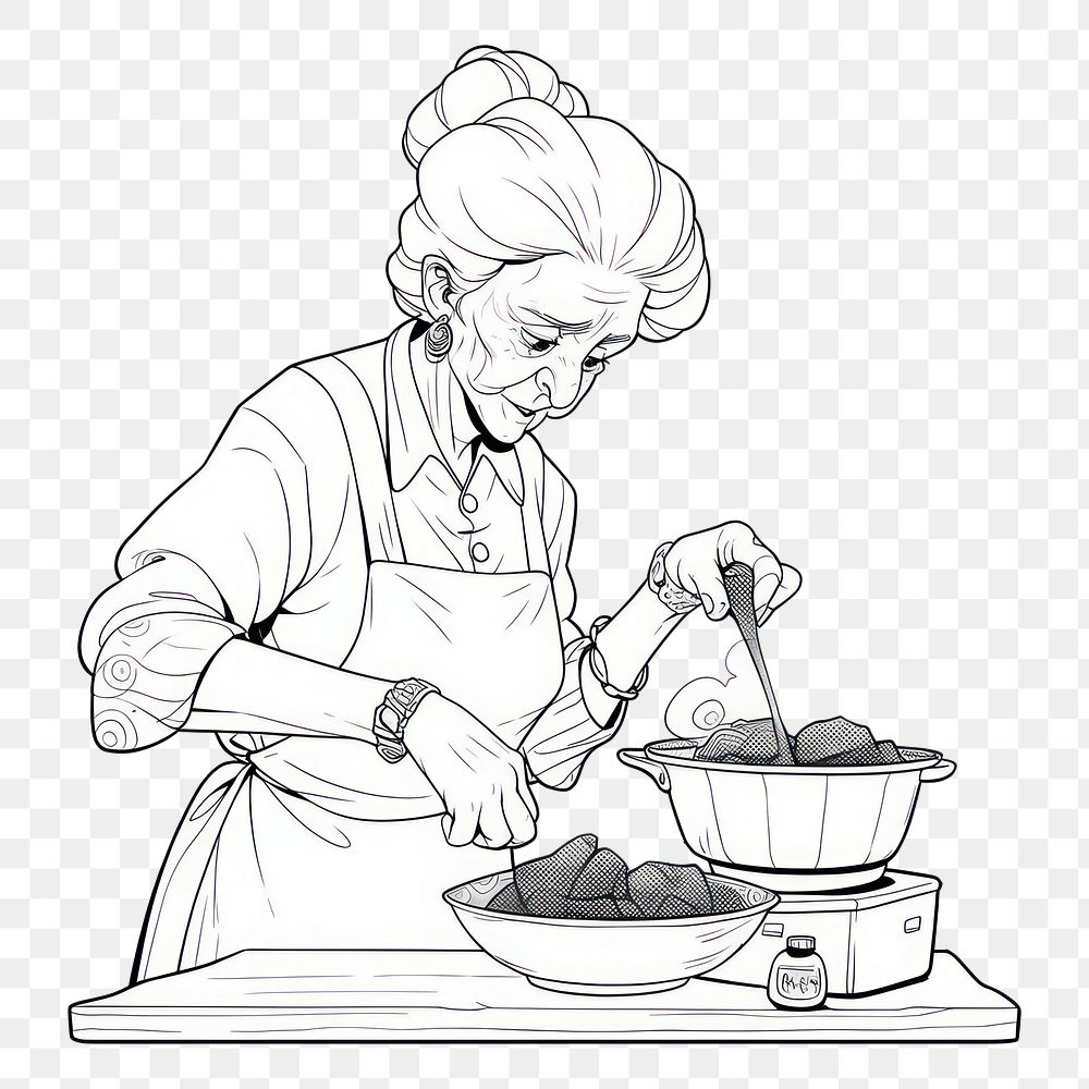 PNG Outline sketching illustration of a old woman cooking drawing cartoon adult.