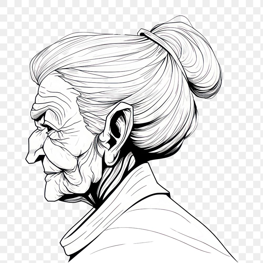 PNG Illustration of a old woman cocking sketch cartoon drawing.