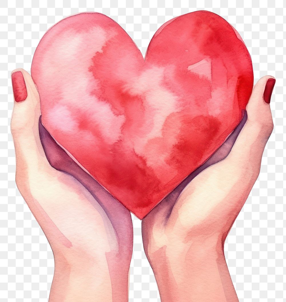 PNG Watercolor illustration of hand holding heart shape creativity romance cartoon.