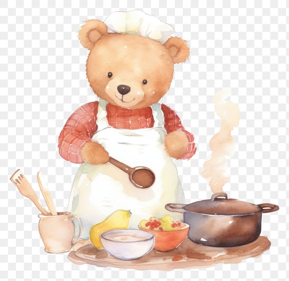 PNG  Teddy bear cook cute food.