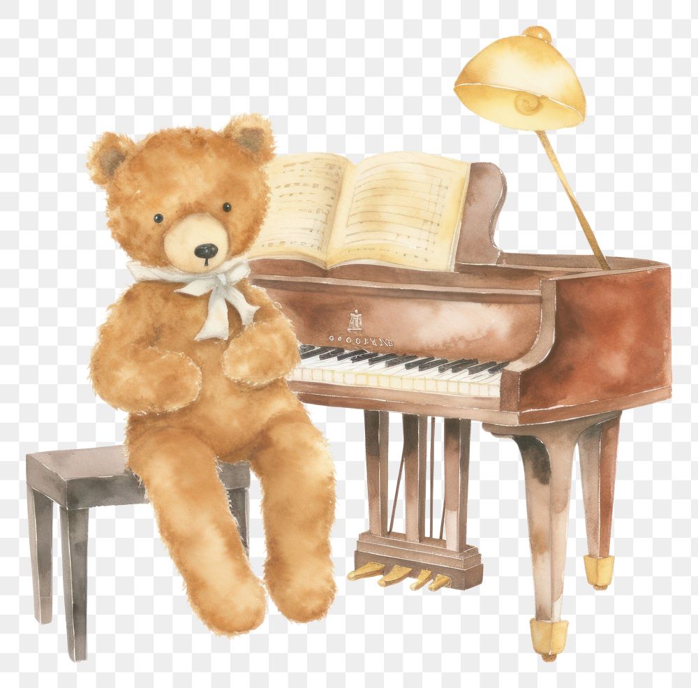 PNG  Teddy bear piano keyboard painting.