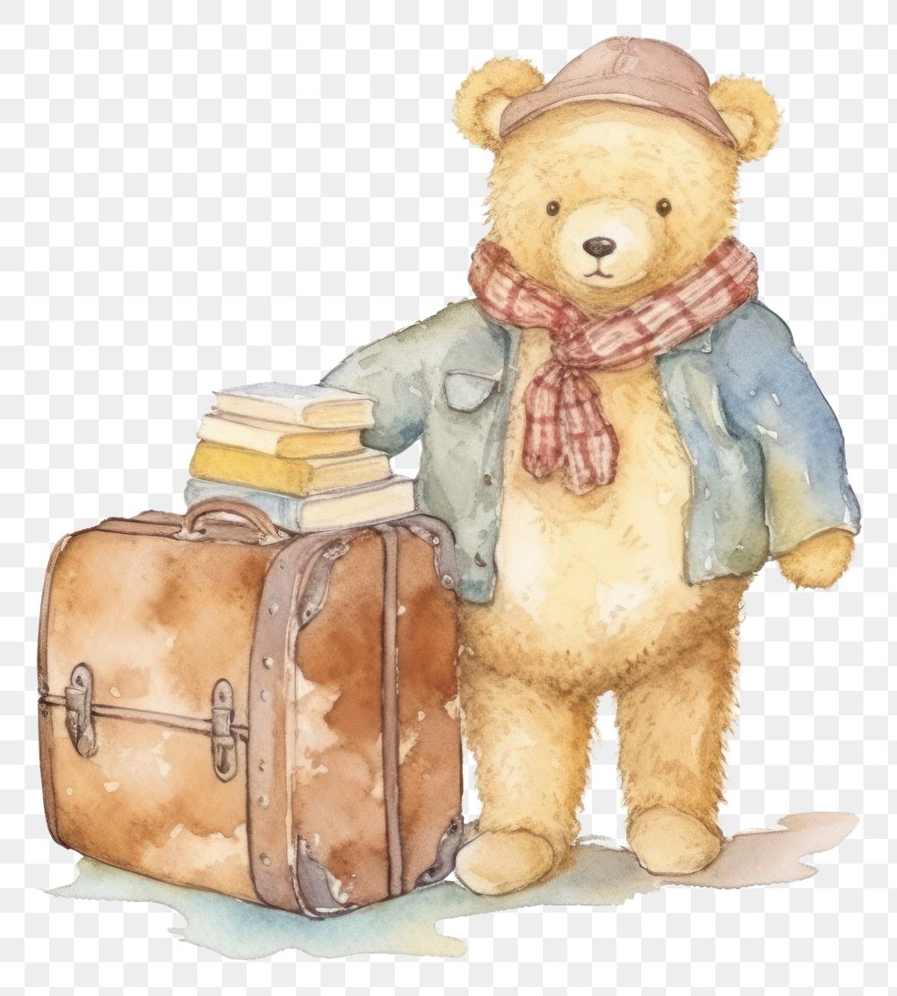 PNG  Teddy bear suitcase luggage travel.