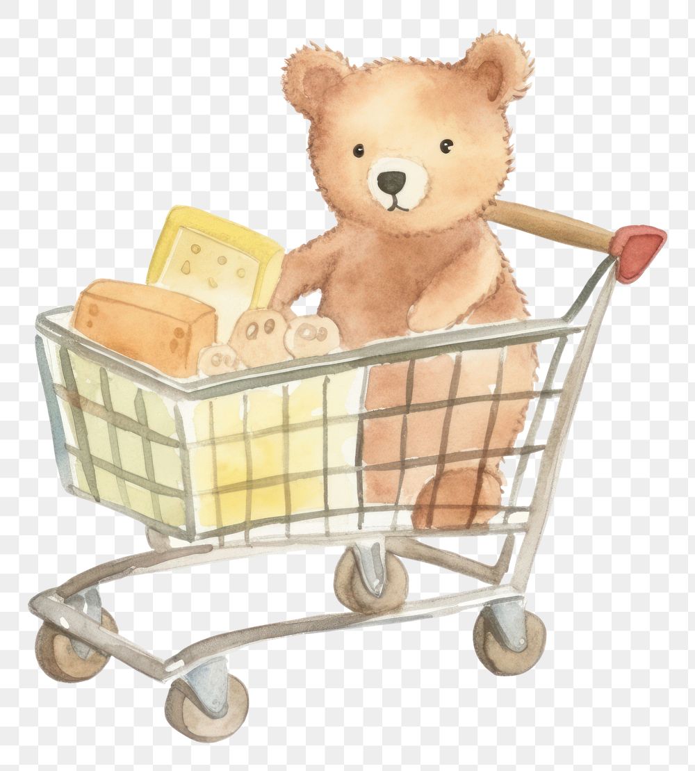 PNG  Teddy bear shopping cart cute.