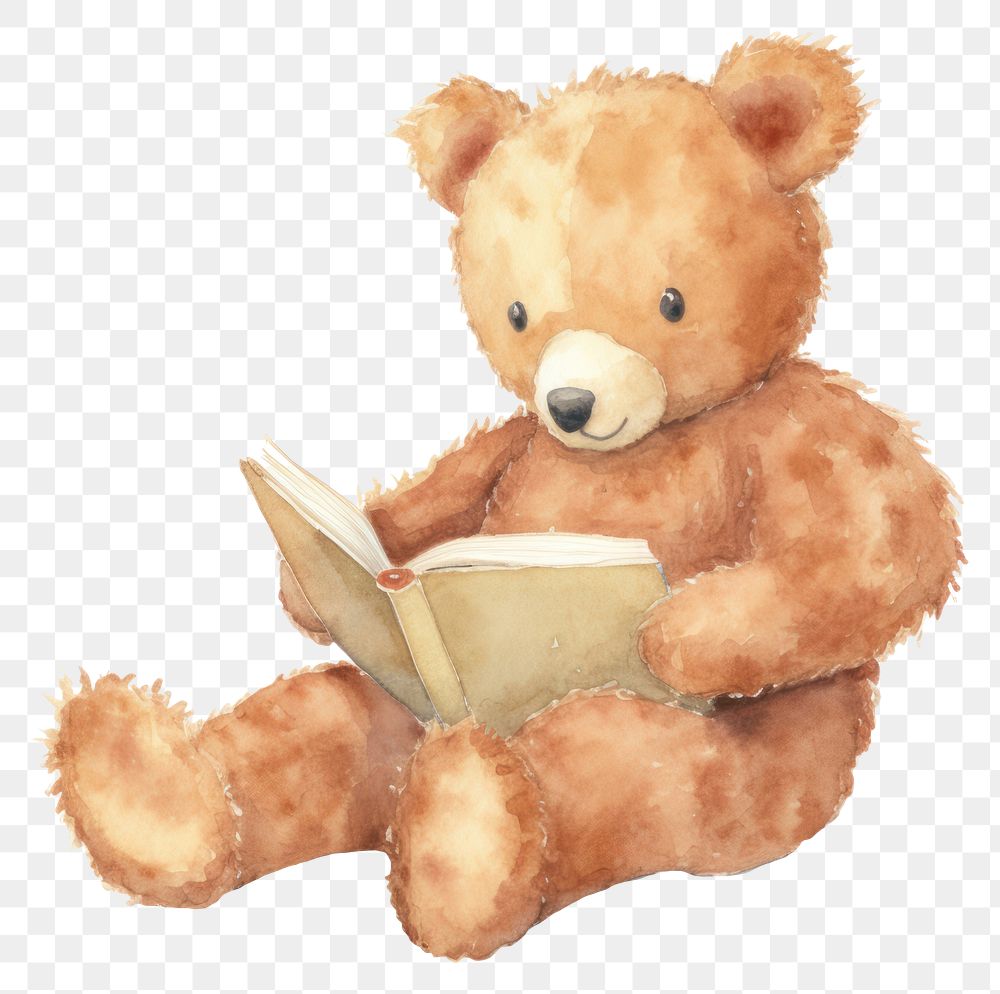 PNG  Teddy bear reading plush toy white background.