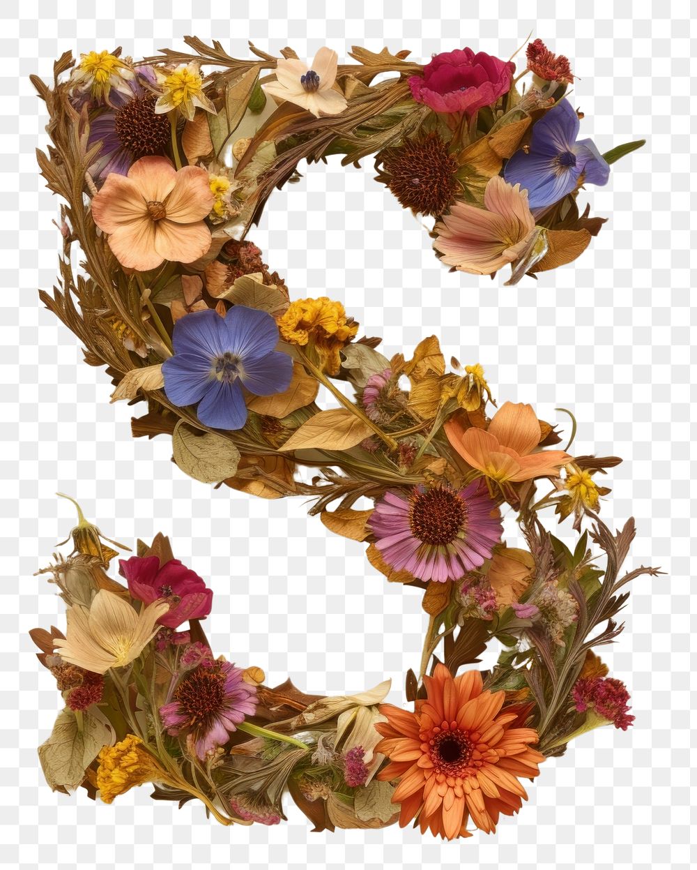PNG Alphabet S font flower art wreath.
