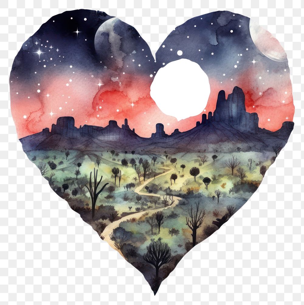 PNG Heart watercolor night map landscape painting shape.