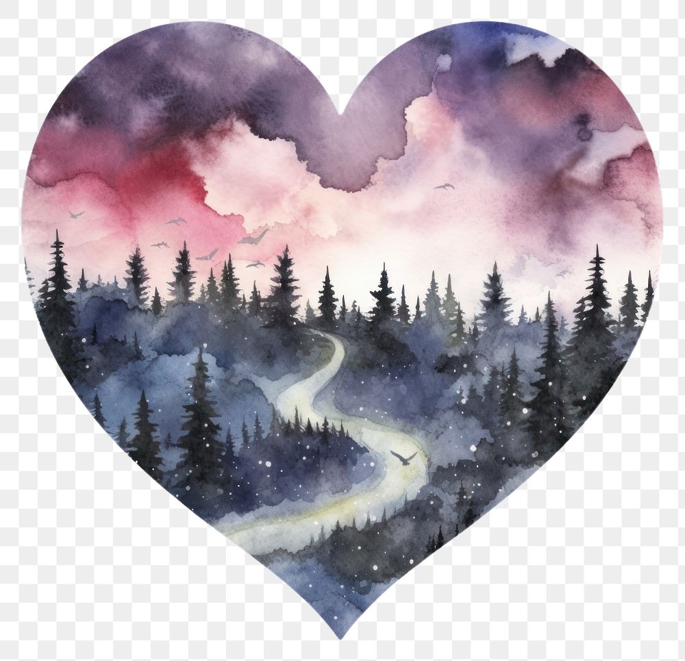 PNG Heart watercolor night map landscape shape tranquility.