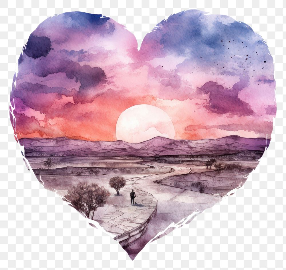 PNG Heart watercolor night map landscape tranquility heart shape.