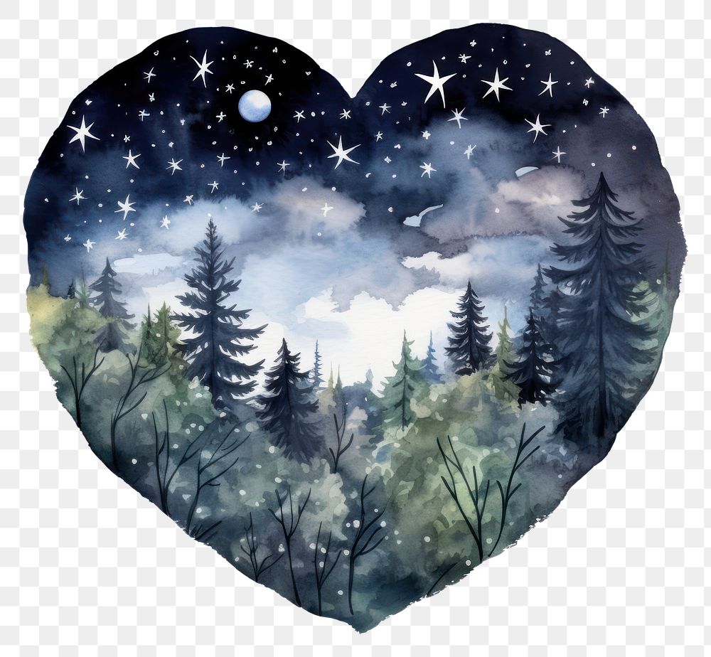 PNG Heart watercolor night forest plant shape tree.