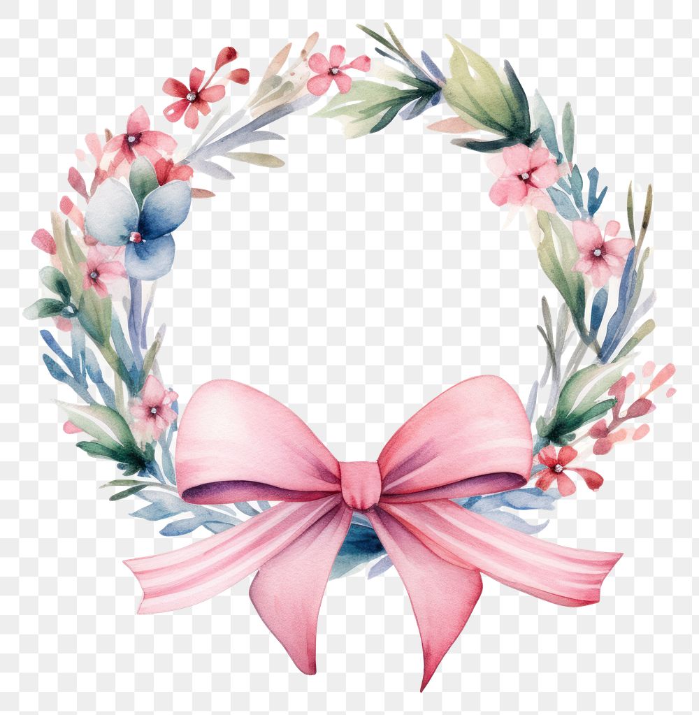 PNG Bow frame watercolor wreath flower plant.