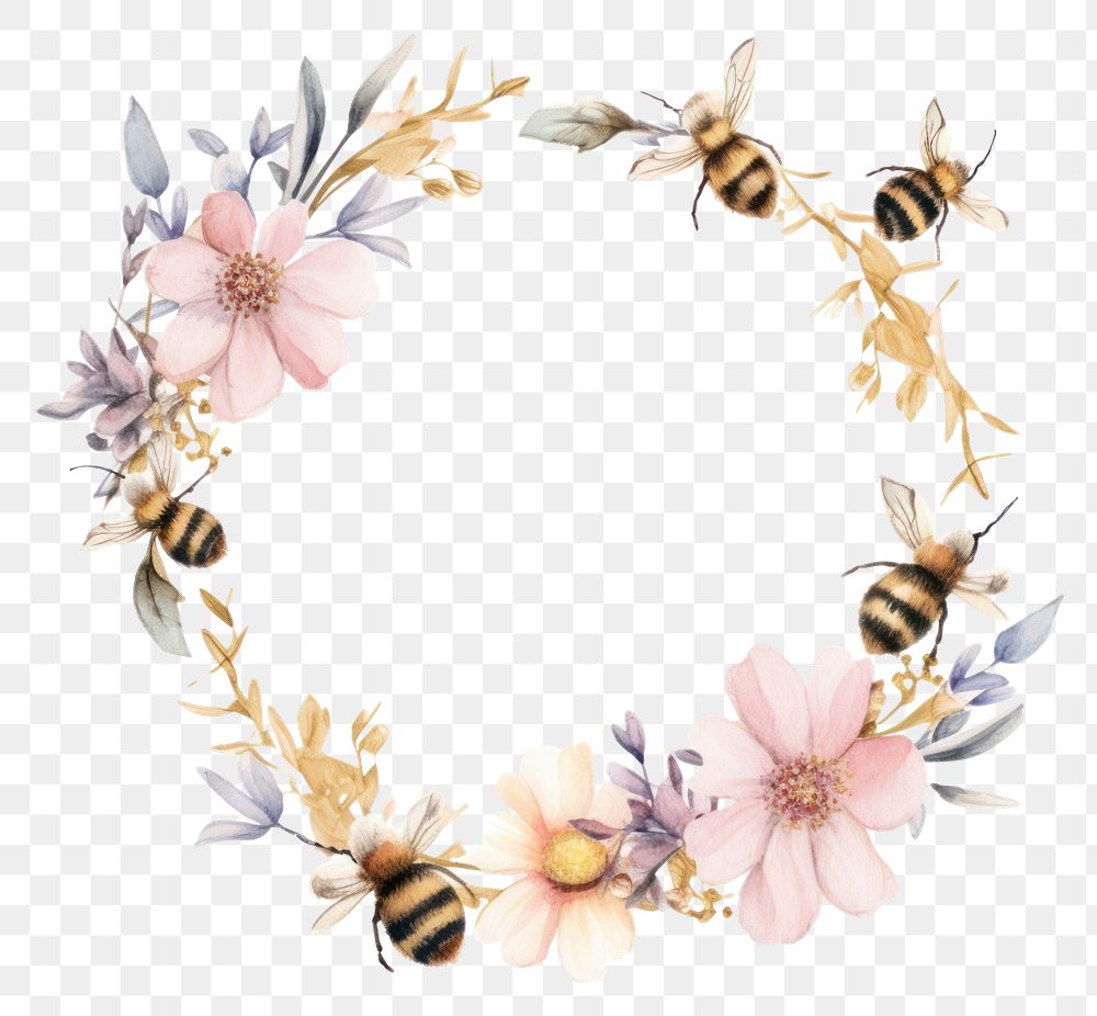 PNG Bees border watercolor flower animal insect.