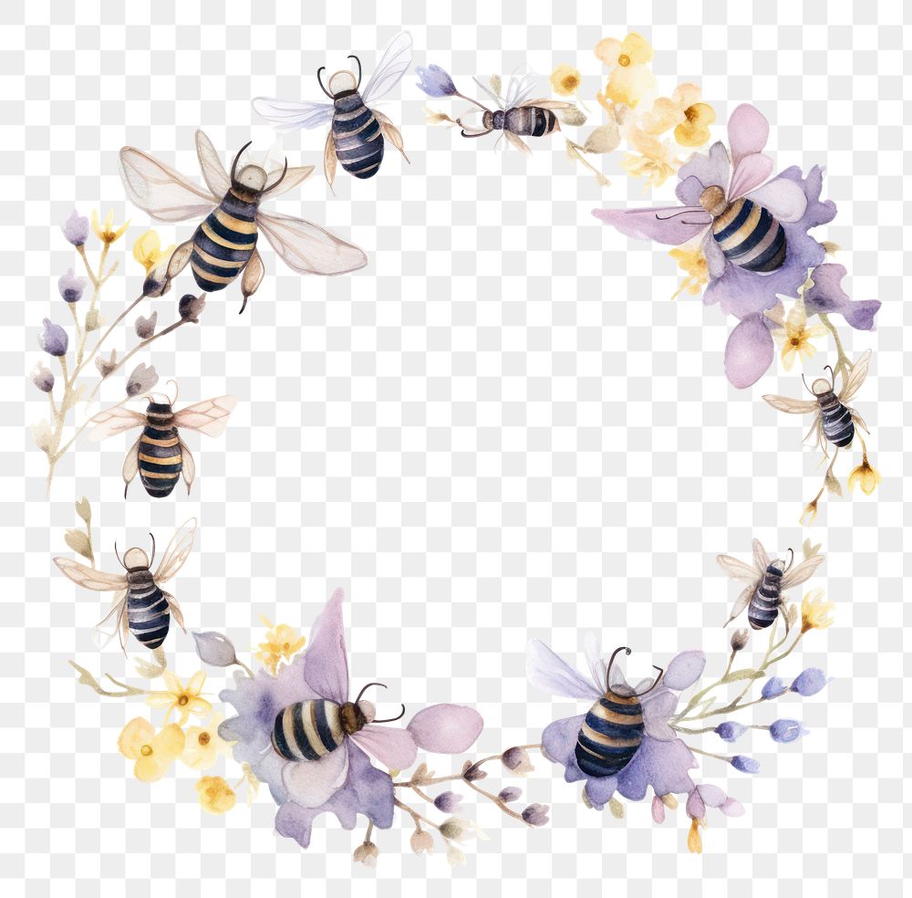 PNG Bees border watercolor flower animal insect.