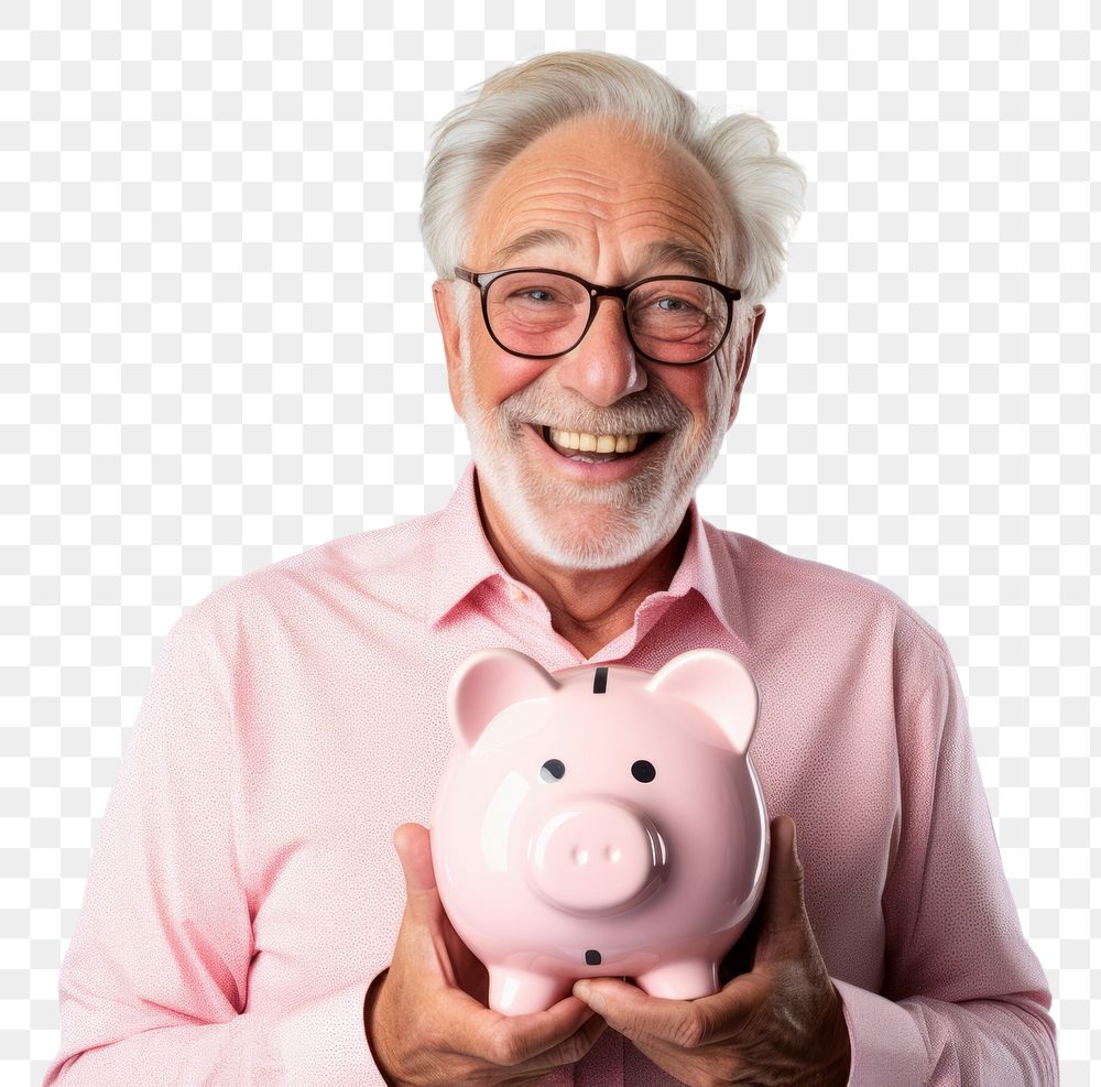 PNG Man holding his piggy bank glasses adult happy.
