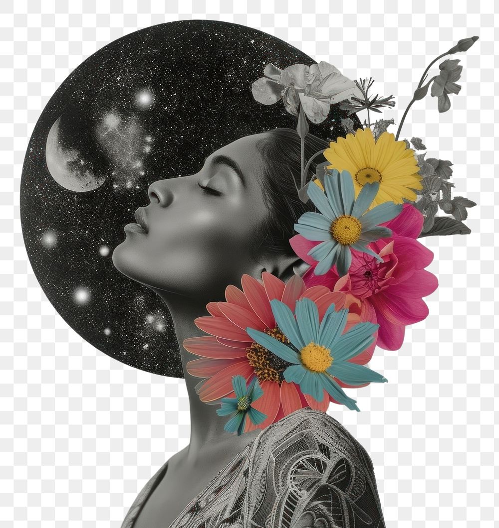PNG Collage of the moon in galaxy flower art portrait.