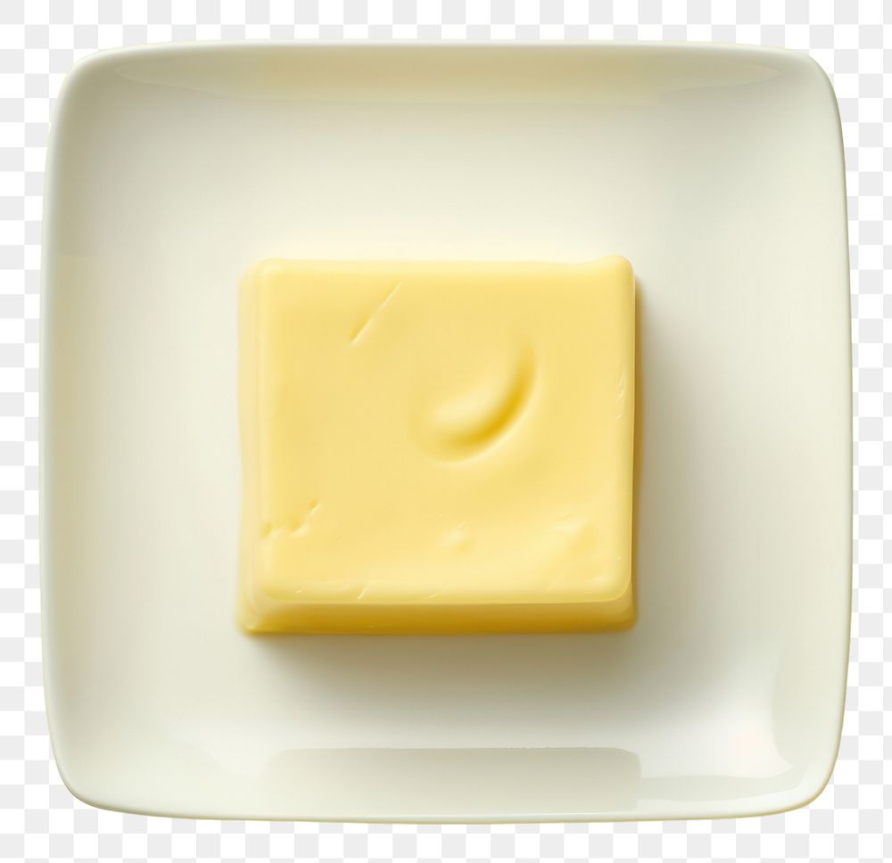 PNG Butter on a white plate yellow food yellow background.