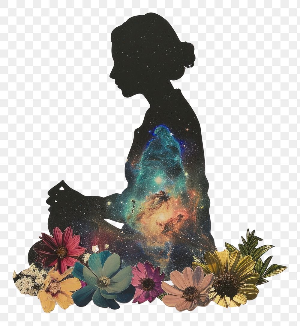 PNG Collage of silhouette woman flower painting plant