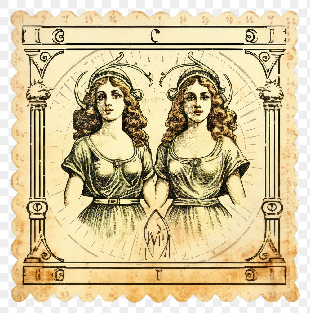 PNG Vintage postage stamp with gemini adult art representation.