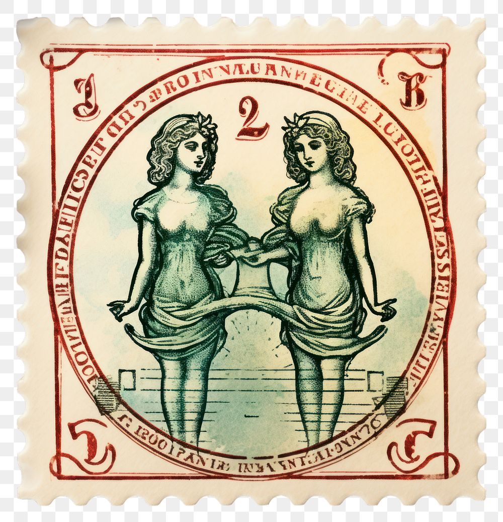PNG Vintage postage stamp with gemini representation togetherness currency.