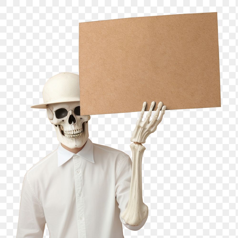 PNG skeleton holding brown paper sign, transparent background