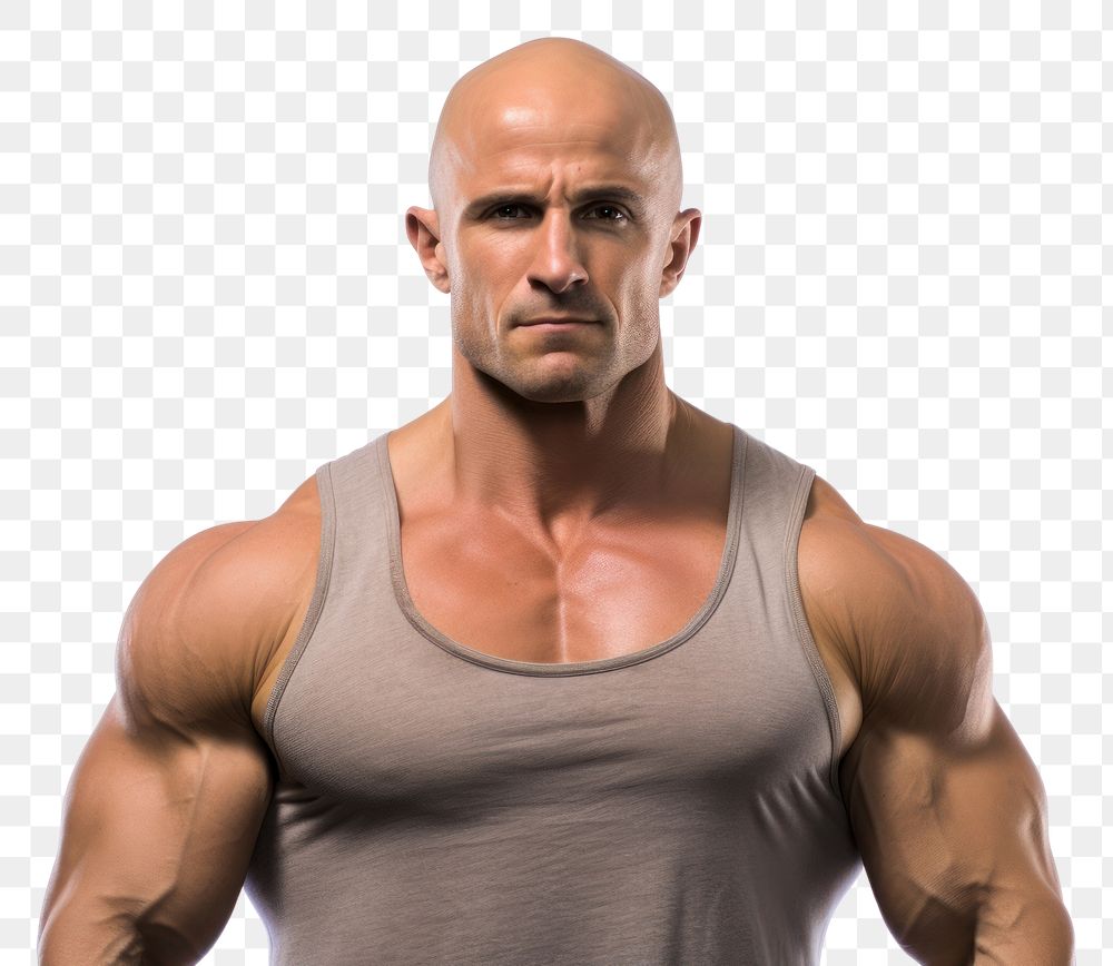 PNG Portrait of Strong bald bodybuilder portrait adult white background.