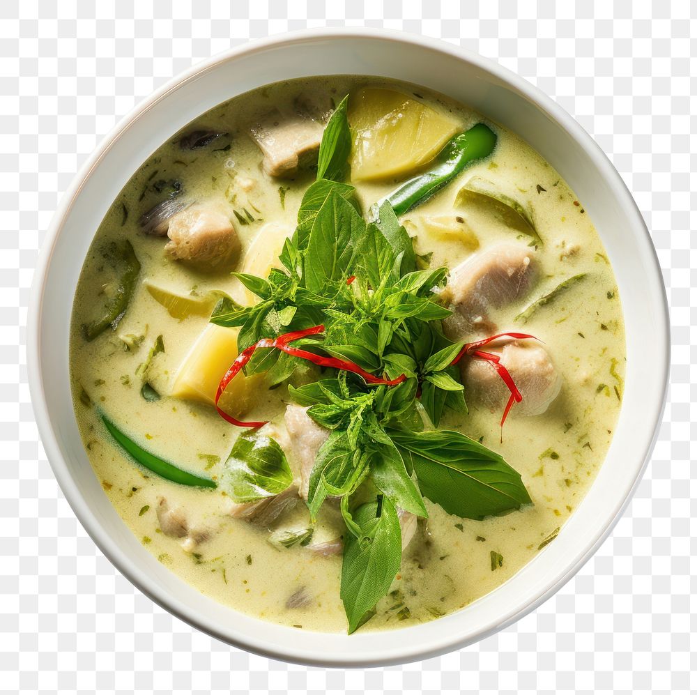 PNG Thai green curry plate food soup.