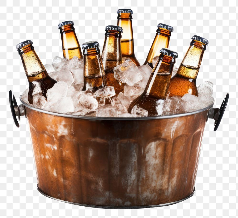 PNG Assorted beer bottles in a metal bucket full of ice drink white background refreshment.
