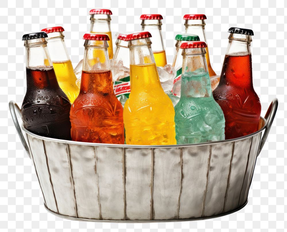 PNG Assorted soda bottles in a metal bucket full of ice drink beer white background.
