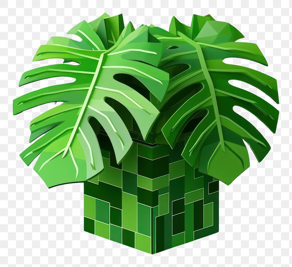 PNG 3D pixel art monstera leaf plant green white background.