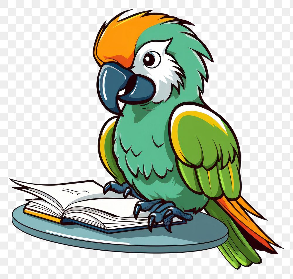 PNG Parrot reading book cartoon drawing animal.