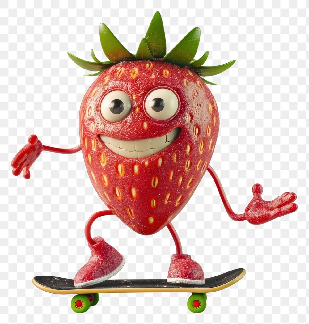 PNG Strawberry fruit character skateboard cartoon food.
