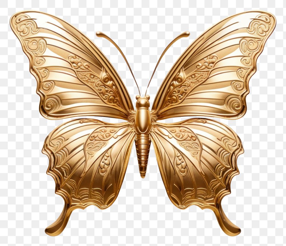 PNG Shiny golden butterfly bronze white background accessories.