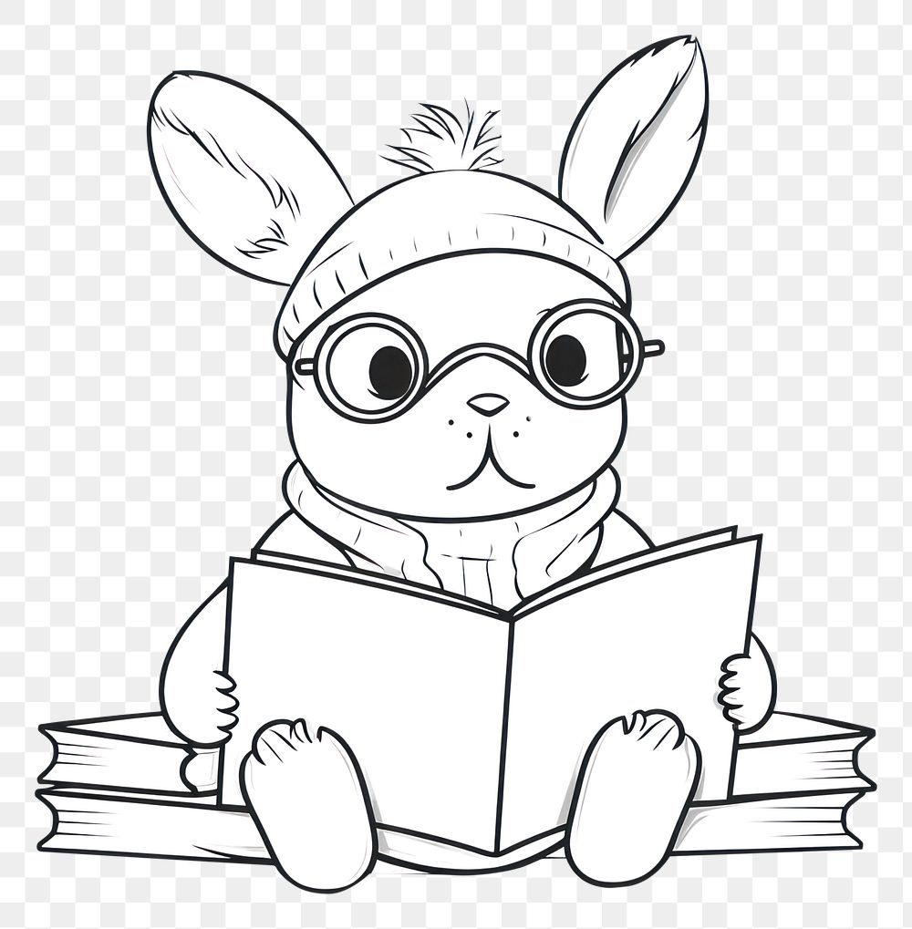 PNG Rabbit reading book sketch outline drawing.