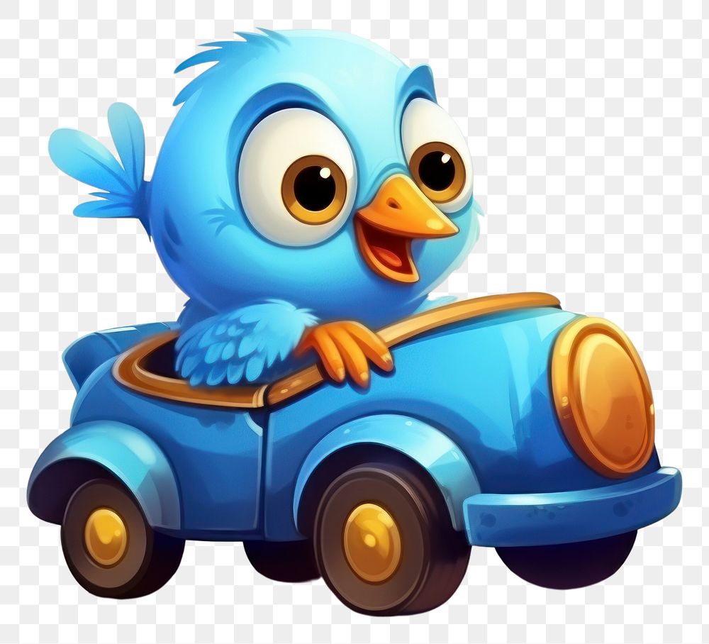 PNG Bird character riding car cartoon wheel toy.