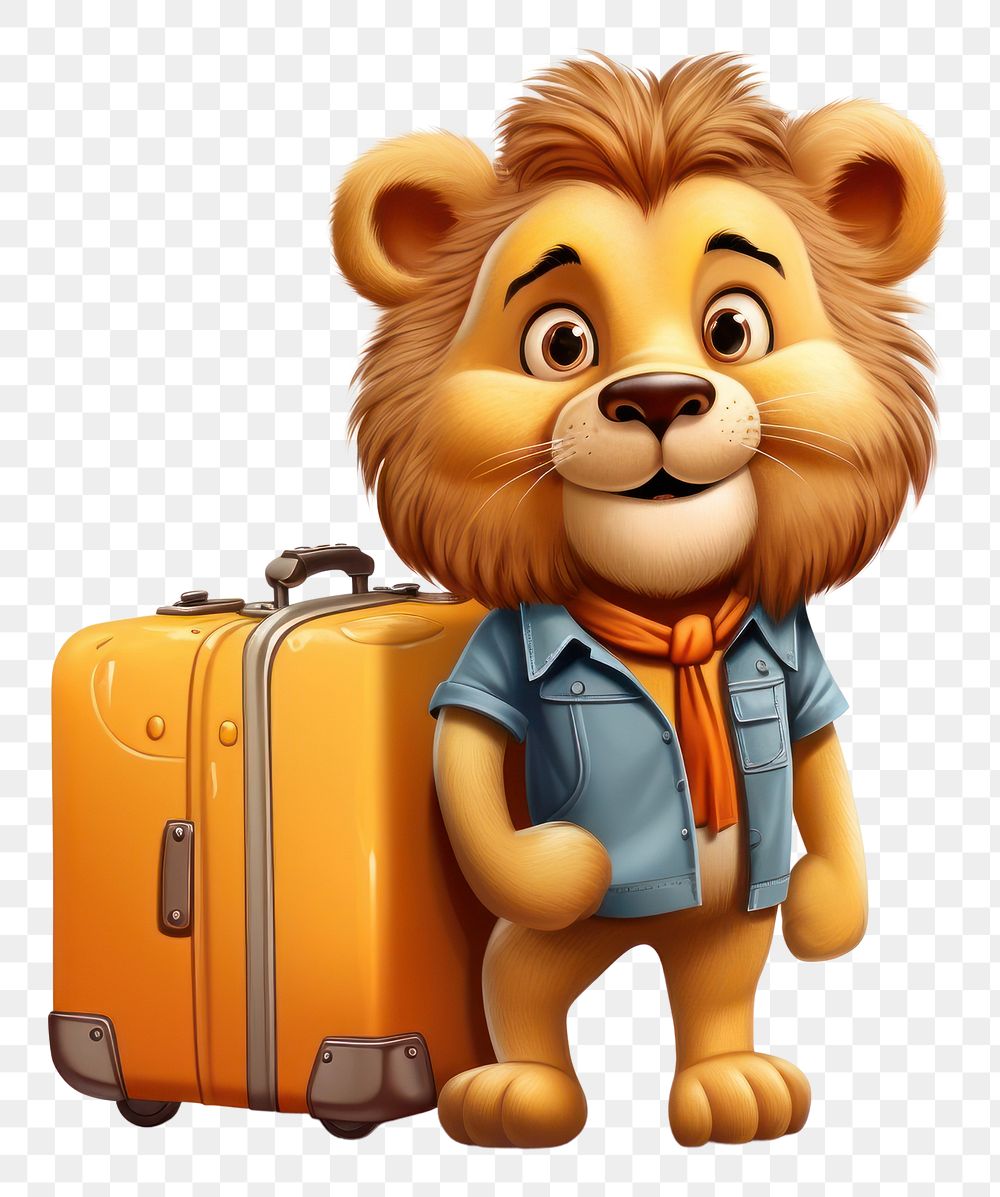 PNG Lion character hold suitcase luggage cartoon representation.