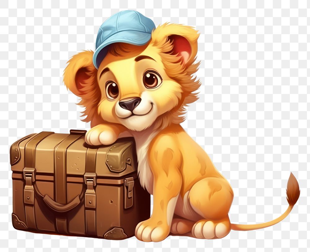 PNG Lion character pull suitcase luggage cartoon mammal.