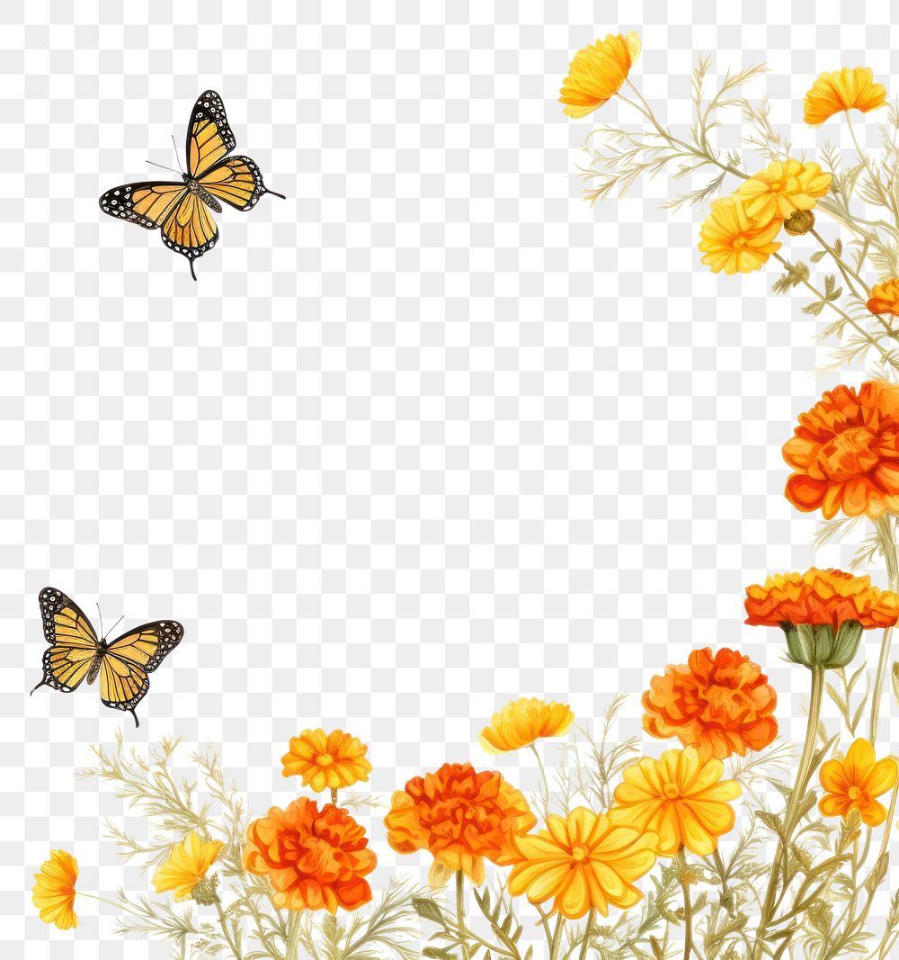 PNG Marigold and butterfly cercle border flower insect plant.