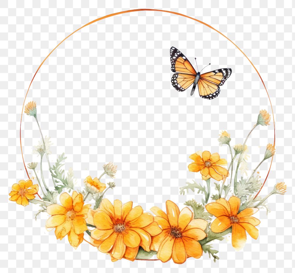 PNG Marigold and butterfly cercle border pattern flower insect.
