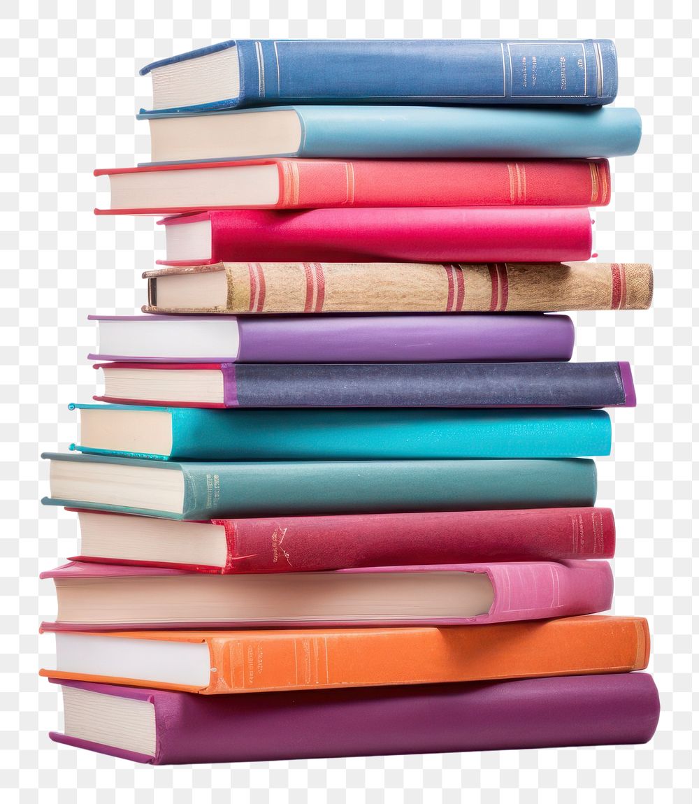 PNG Stack of colorful books publication white background arrangement.