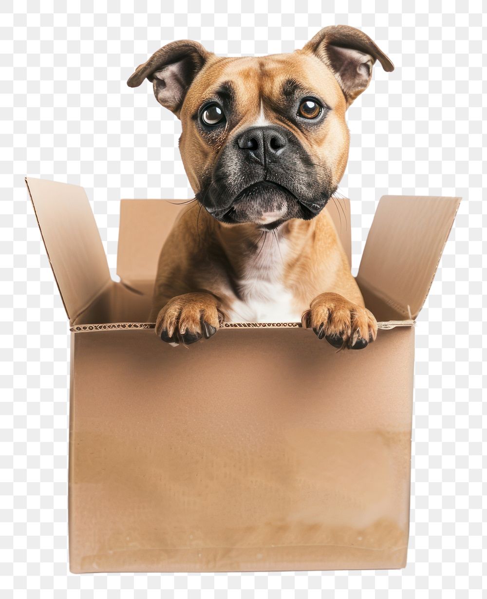 PNG Dog in box cardboard bulldog mammal.