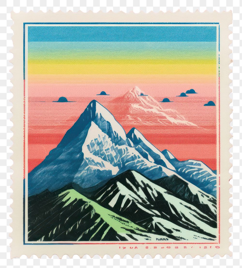 PNG  Mountain with Risograph style letter postage stamp landscape.