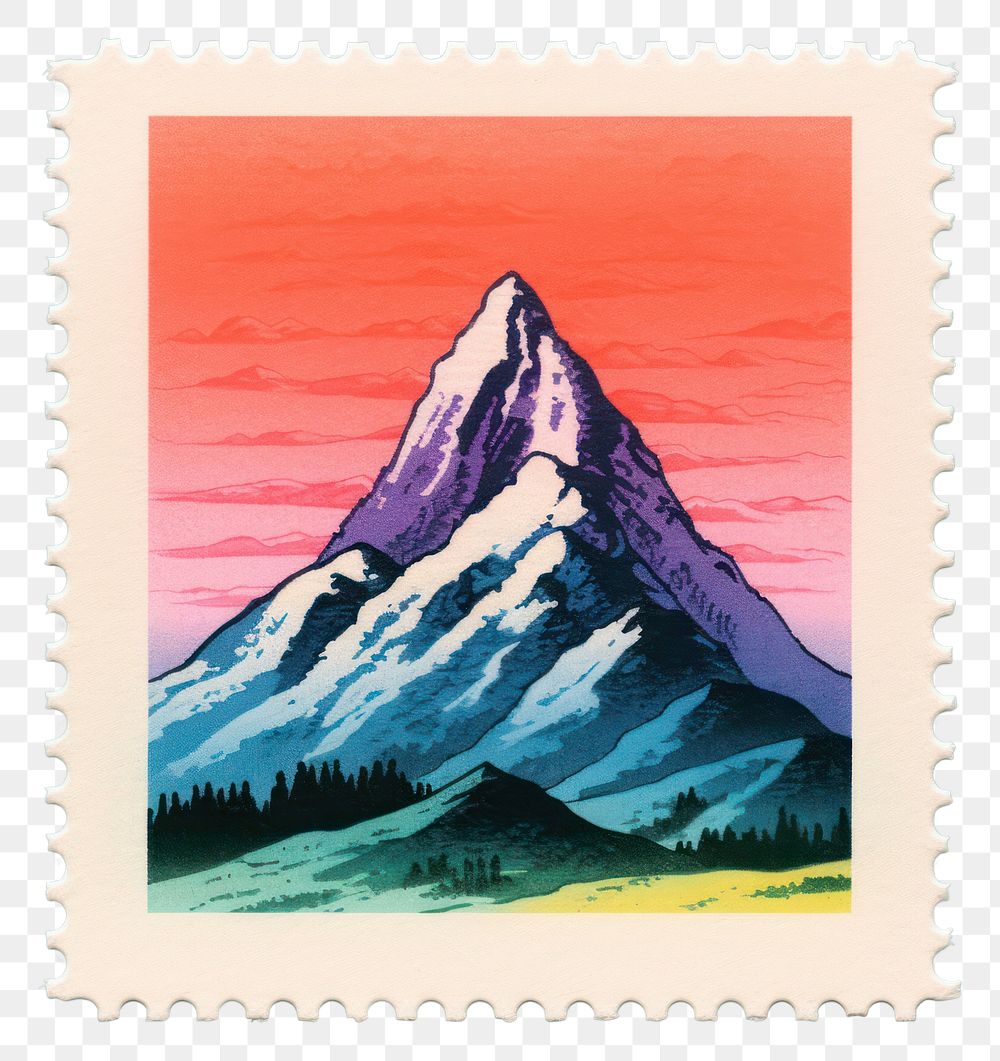 PNG  Mountain with Risograph style stratovolcano postage stamp wilderness.