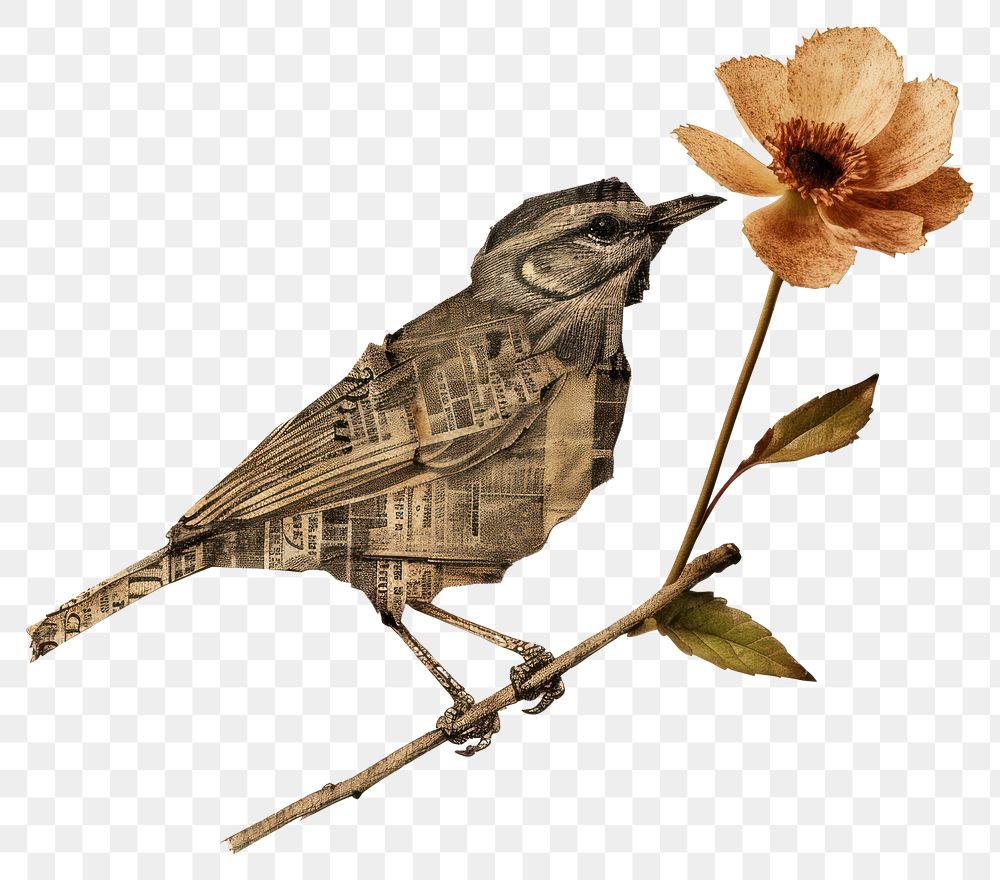 PNG Ephemera paper bird flower art sparrow