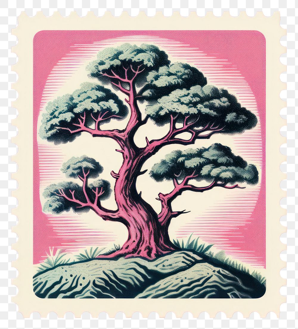 PNG  Tree with Risograph style plant pink postage stamp.