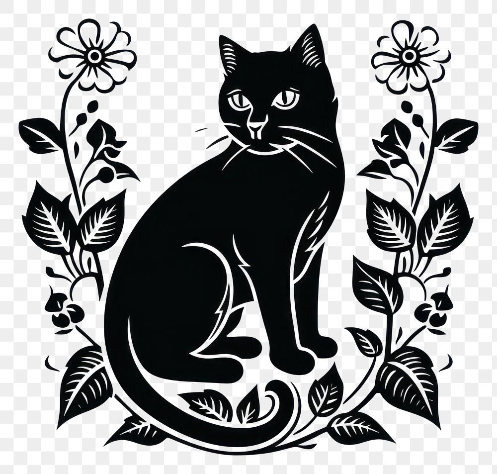 PNG A black cat old school hand poke tattoo style graphics pattern mammal.