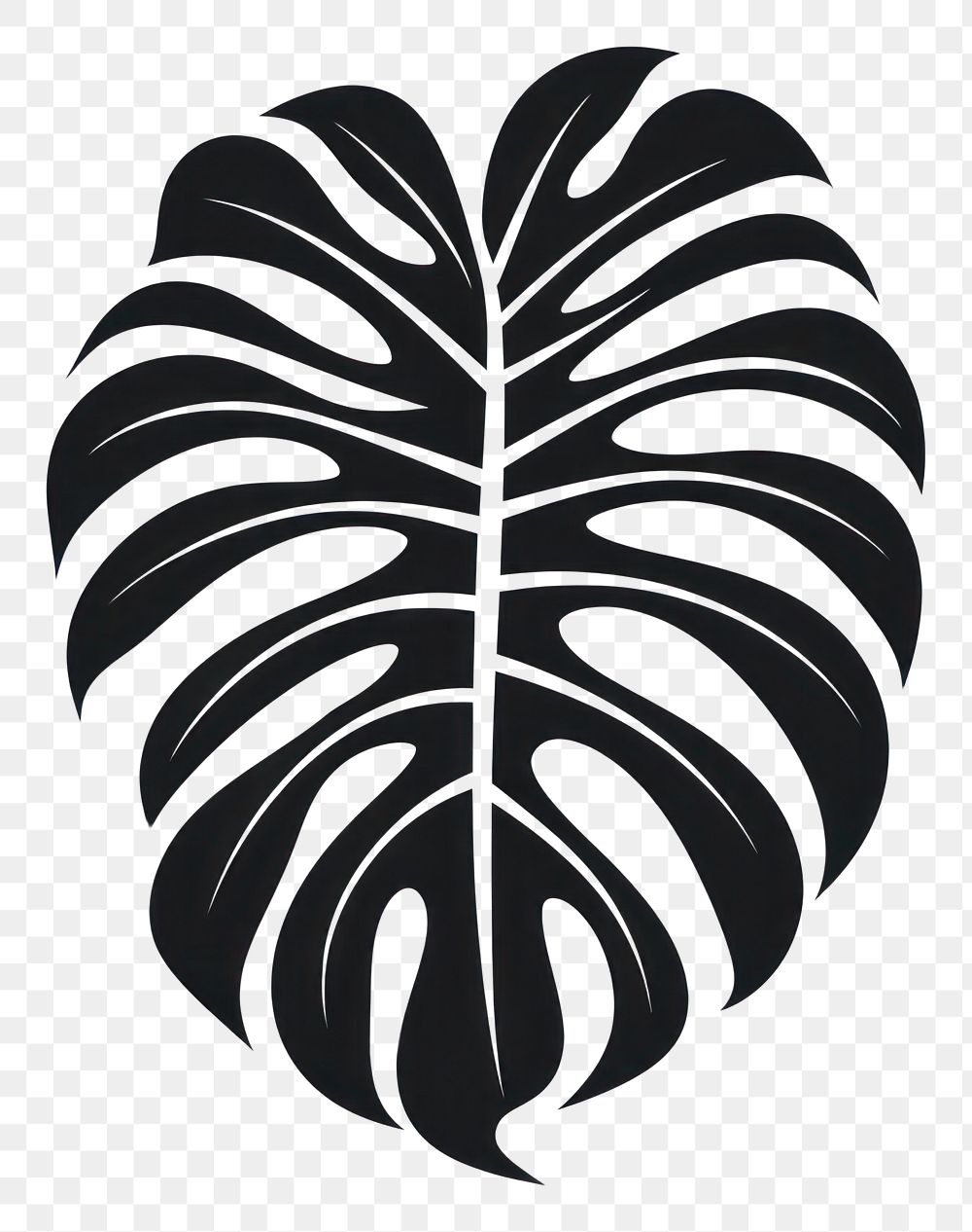 PNG A black monstera leaf old school hand poke tattoo style plant logo white background.