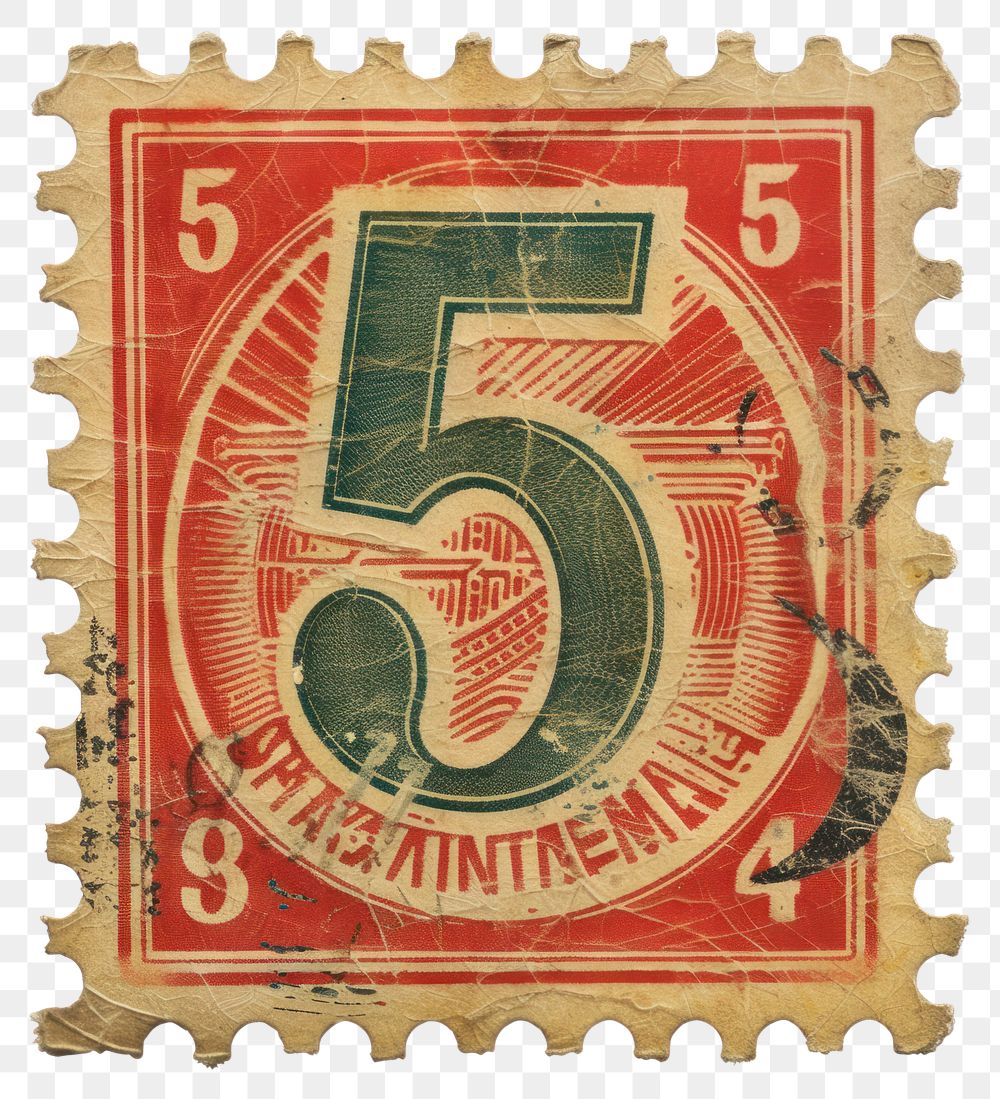 PNG Vintage postage stamp with number 5 text white background pattern.