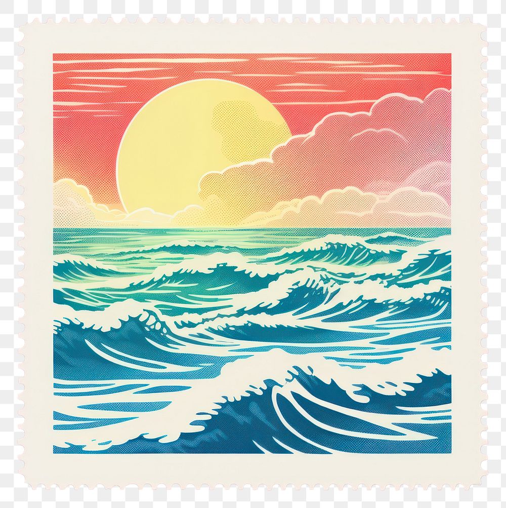 PNG  Ocean Risograph style postage stamp tranquility creativity.