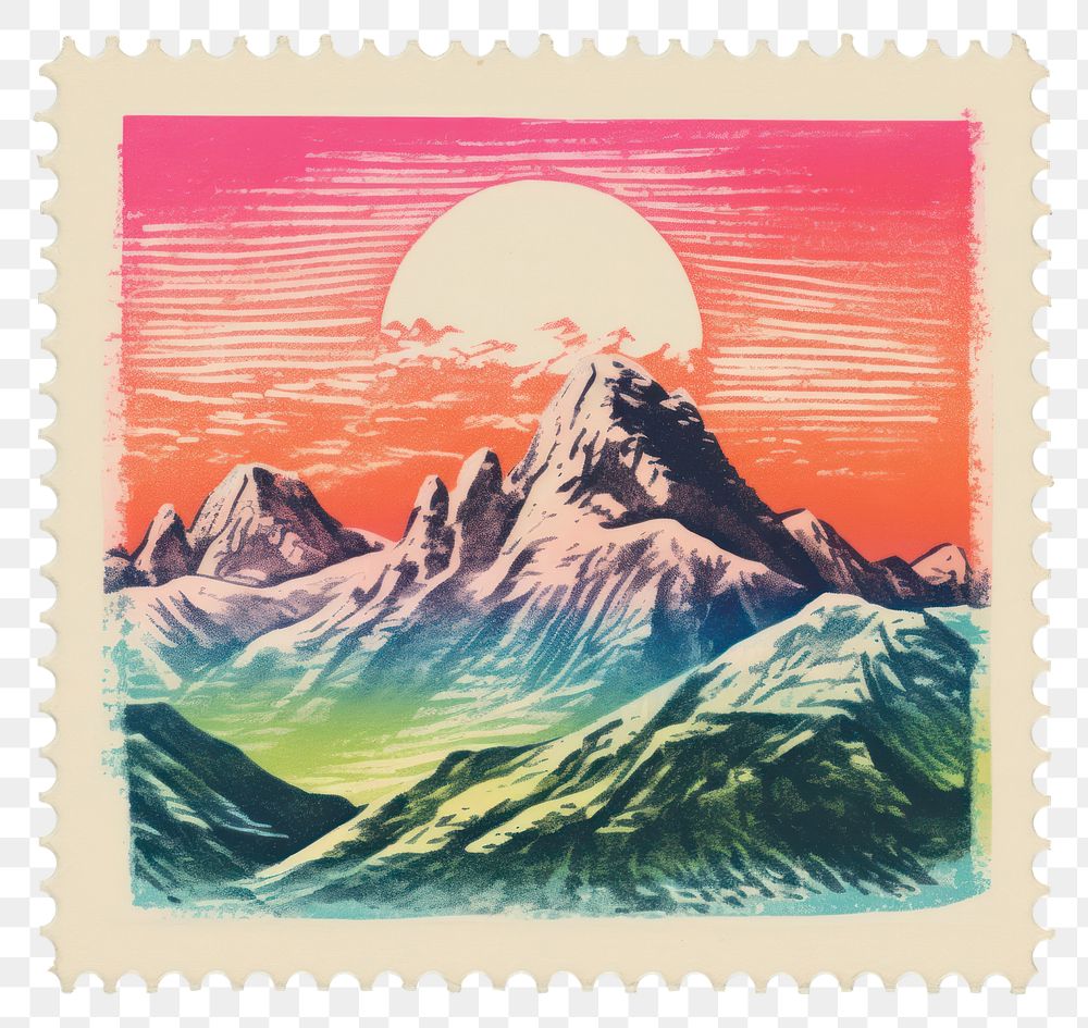 PNG  Mountain Risograph style postage stamp blackboard landscape